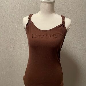 bebe Brown Knotted-Strap Stud Logo Tank